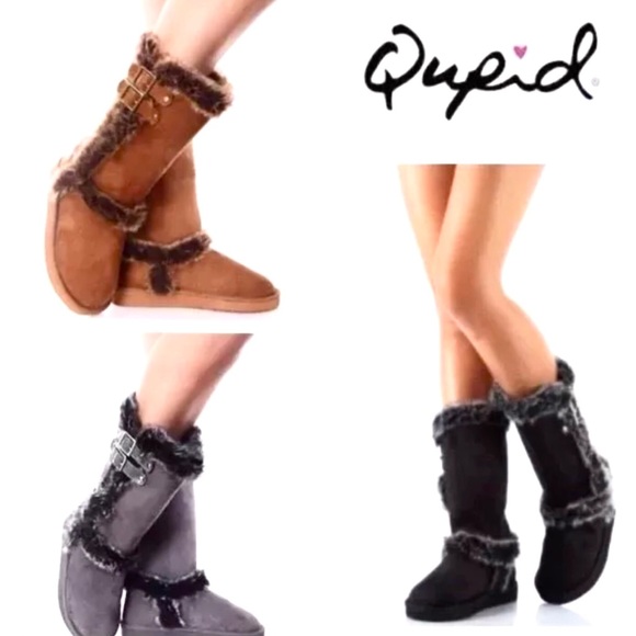 Qupid Women’s mid calf vegan fur boots in grey - Picture 4 of 5